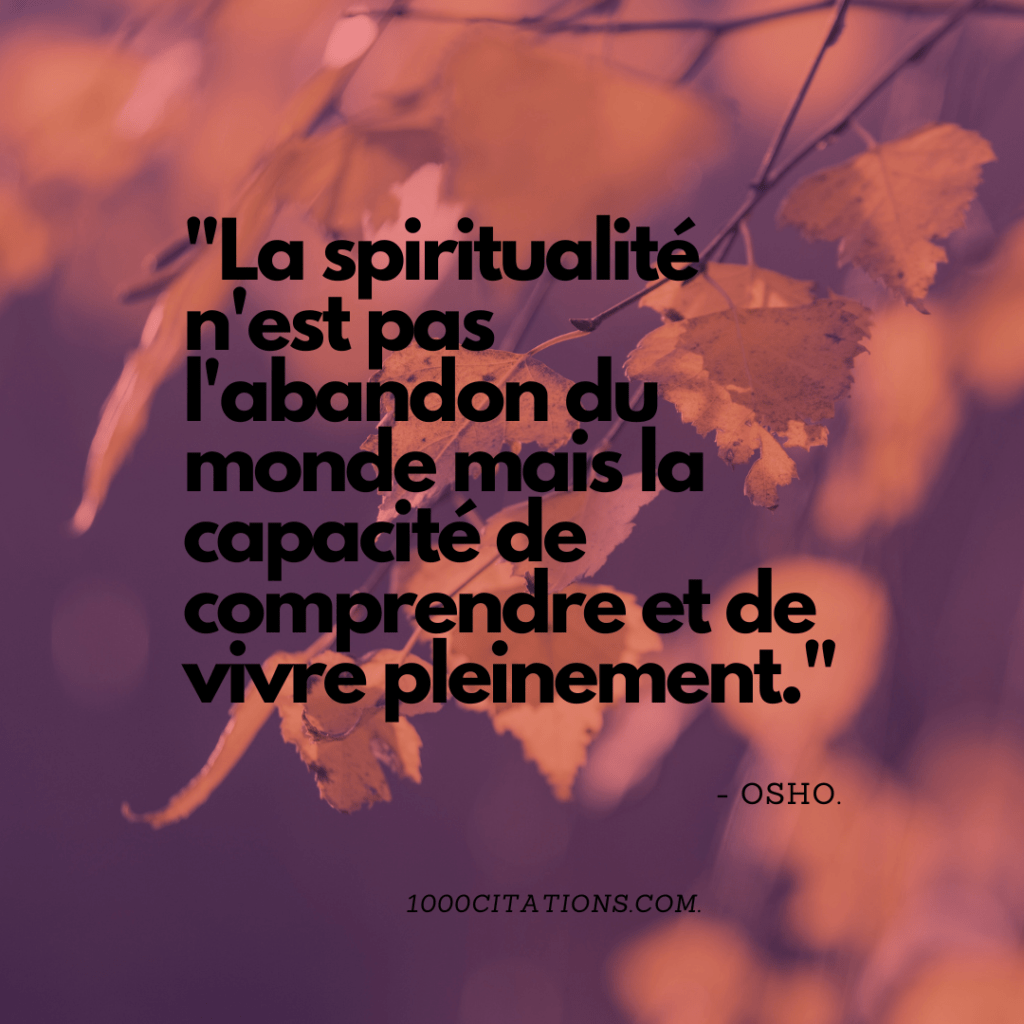 Citation : "La spiritualité n'est pas l'abandon du monde mais la capacité de comprendre et de vivre pleinement." - Osho.